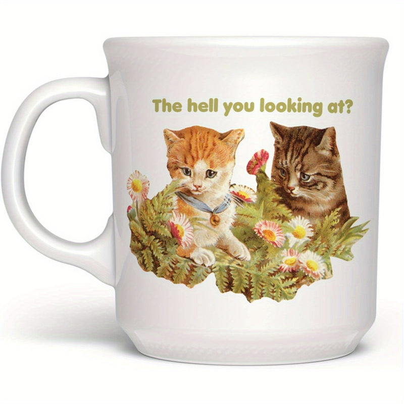 Tailorly White Ceramic 11 oz Mug - The Hell You Looking At Two Cute Kittens Sitting Among Flowers And Green Foliage Kittens