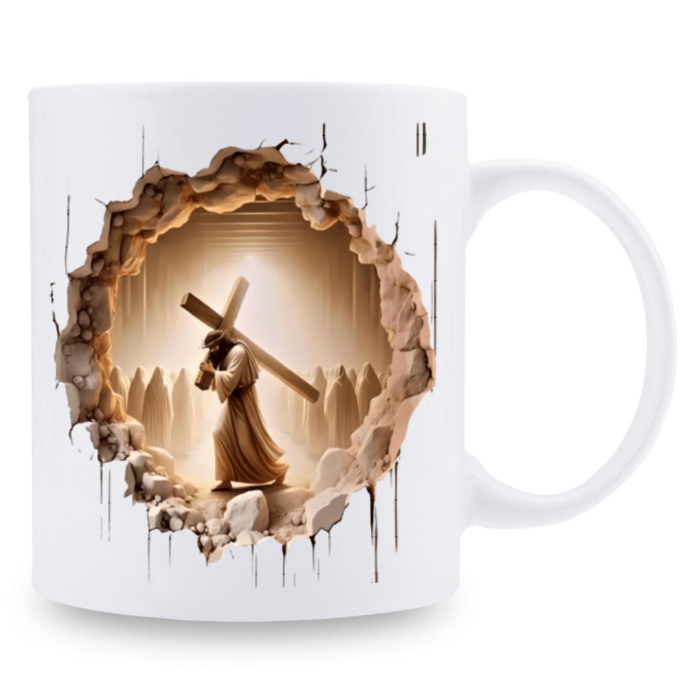 Tailorly White Ceramic 11 oz Mug - Walking Through Cracked Stone Wall Carrying Heavy Wooden Cross Under Light Jesus