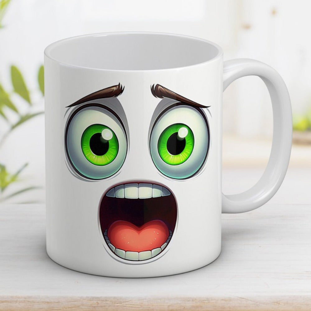 Tailorly White Ceramic 11 oz Mug - Wide Green Eyes With Surprised Expression And Open Mouth Cartoon Style Face