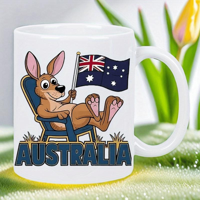 Tailorly White Ceramic 11 oz Mug - Australia Relaxing Cartoon Character Sitting In Beach Chair Holding National Flag Kangaroo