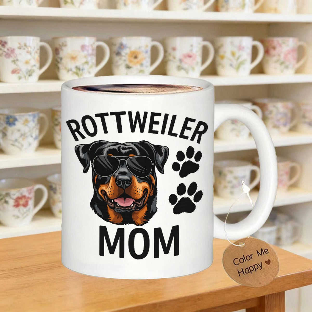 Tailorly White Ceramic 11 oz Mug - Rottweiler Mom Cool Dog Wearing Black Sunglasses Beside A Pair Of Paw Prints Rottweiler