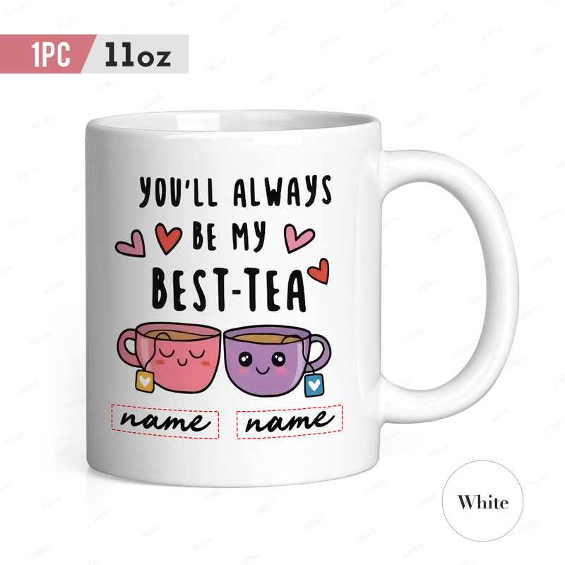 Tailorly White Ceramic 11 oz Mug - Youll Always Be My Best Tea Adorable Smiling Cartoon Tea Cups Surrounded By Floating Hearts Tea Cup