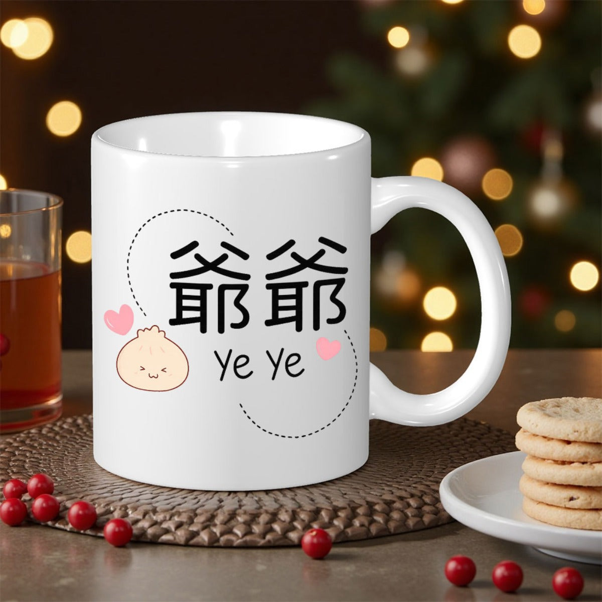 Tailorly White Ceramic 11 oz Mug - Ye Ye Cute Smiling Dumpling Character With Pink Hearts And Circular Dotted Lines Mug