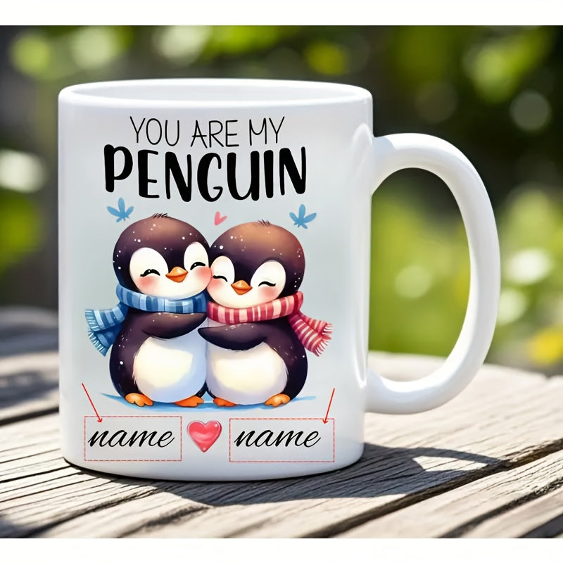 Tailorly White Ceramic 11 oz Mug - You Are My Penguin Adorable Cuddling Cartoon Pair Wearing Colorful Winter Scarves Penguin