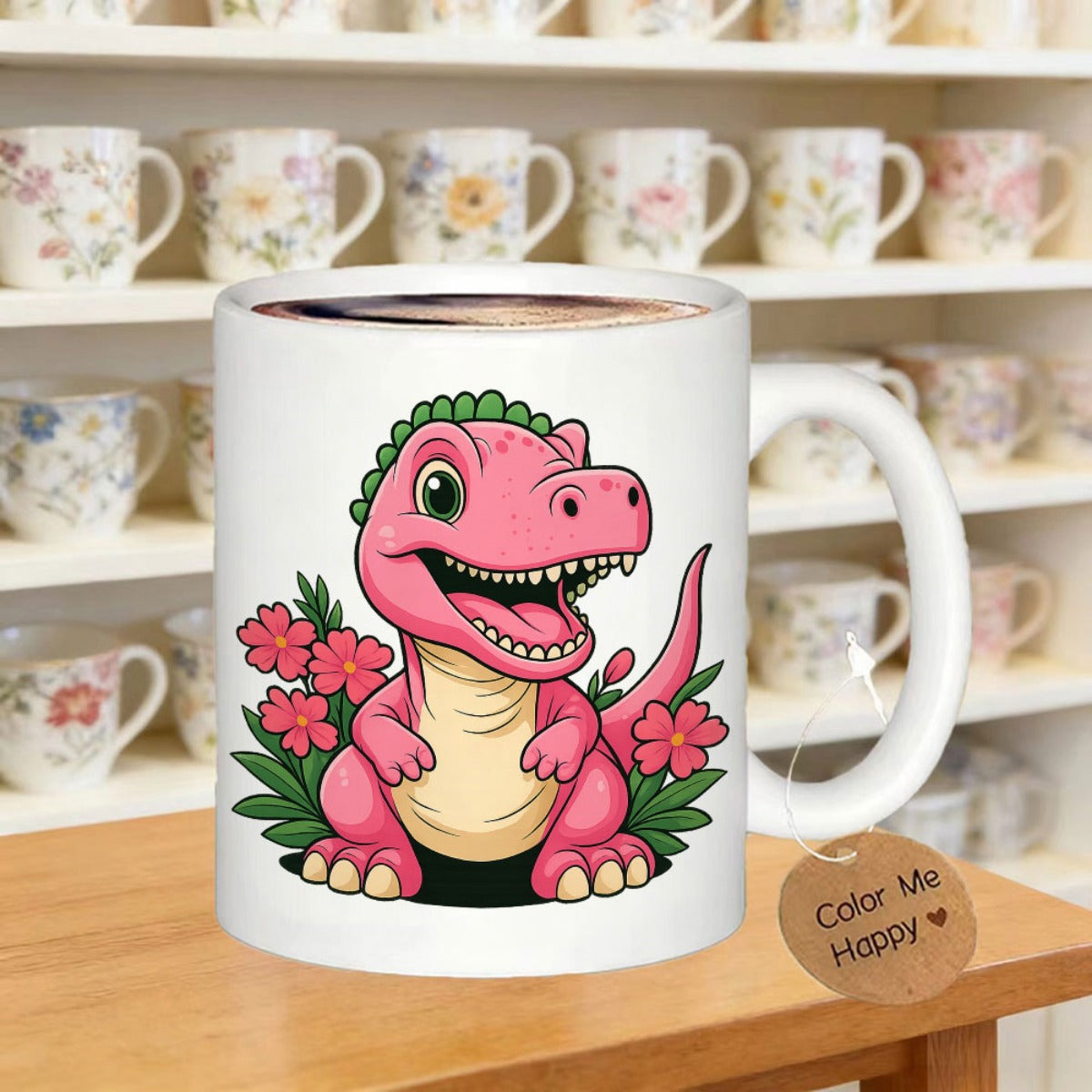 Tailorly White Ceramic 11 oz Mug - Color Me Happy Cute Smiling Pink Creature Surrounded By Vibrant Spring Flowers Dinosaur