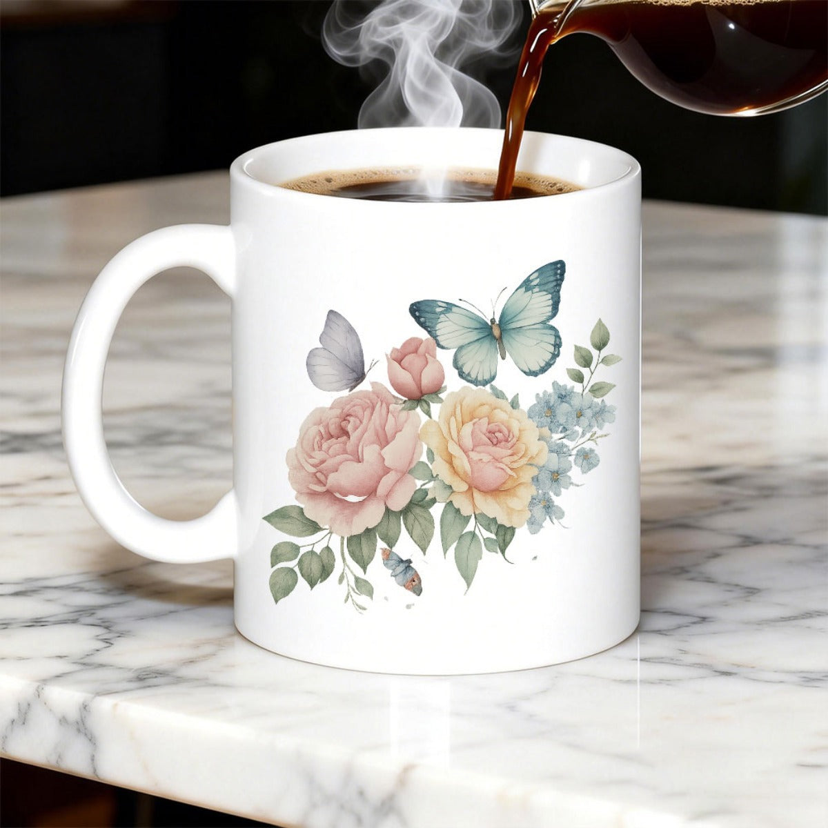 Tailorly White Ceramic 11 oz Mug - Soft Watercolor Blooming Roses With Elegant Butterflies Flying Among Delicate Petals Butterfly