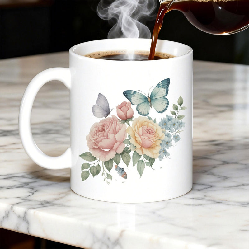Tailorly White Ceramic 11 oz Mug - Soft Watercolor Blooming Roses With Elegant Butterflies Flying Among Delicate Petals Butterfly