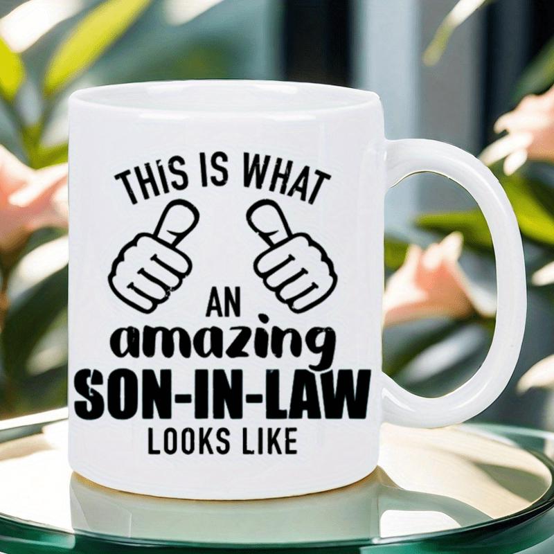 Tailorly White Ceramic 11 oz Mug - This Is What An Amazing Son In Law Looks Like Simple Black And White Cartoon Hands Pointing Inward Hand