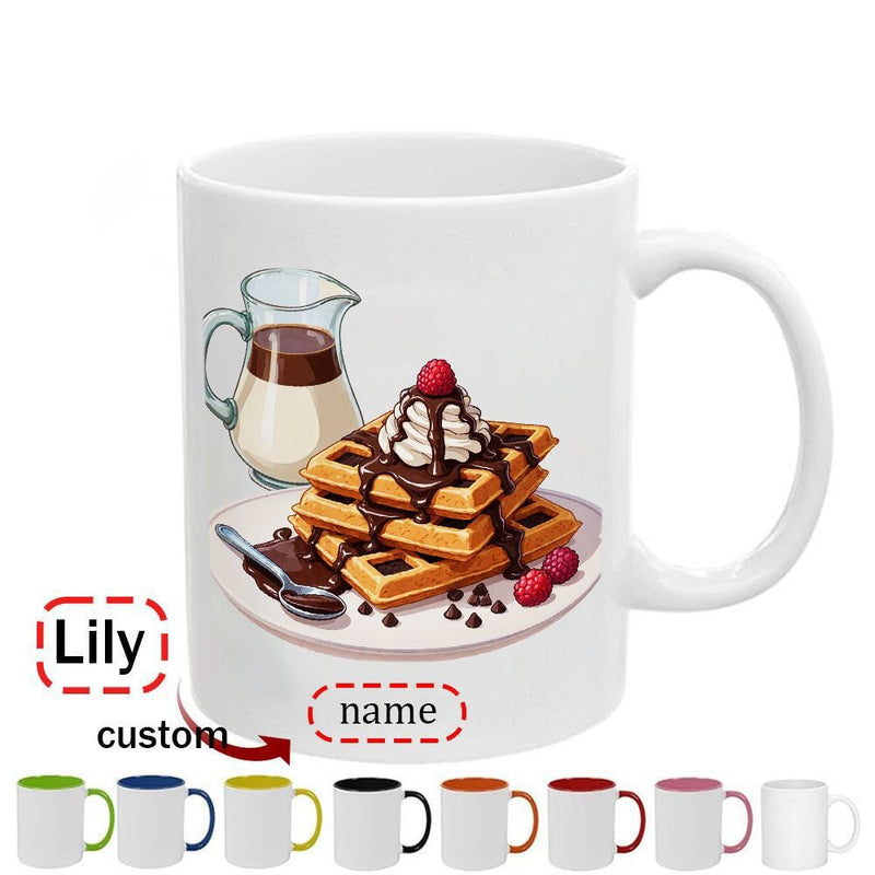 Tailorly White Ceramic 11 oz Mug - Lily Sweet Morning Breakfast On Plate With Chocolate Syrup And Fresh Berries Waffle