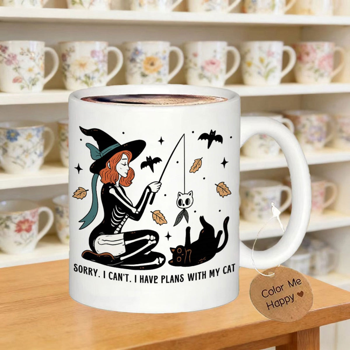 Tailorly White Ceramic 11 oz Mug - Sorry I Cant I Have Plans With My Cat Skeleton Witch Playing With Black Cat Under Bats And Falling Autumn Leaves Mug