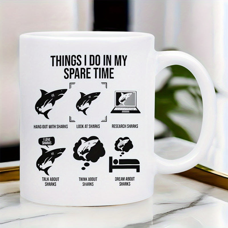 Tailorly White Ceramic 11 oz Mug - Things I Do In My Spare Time Minimalist Black Silhouettes Showing Humorous Daily Activities In A Structured Grid Shark