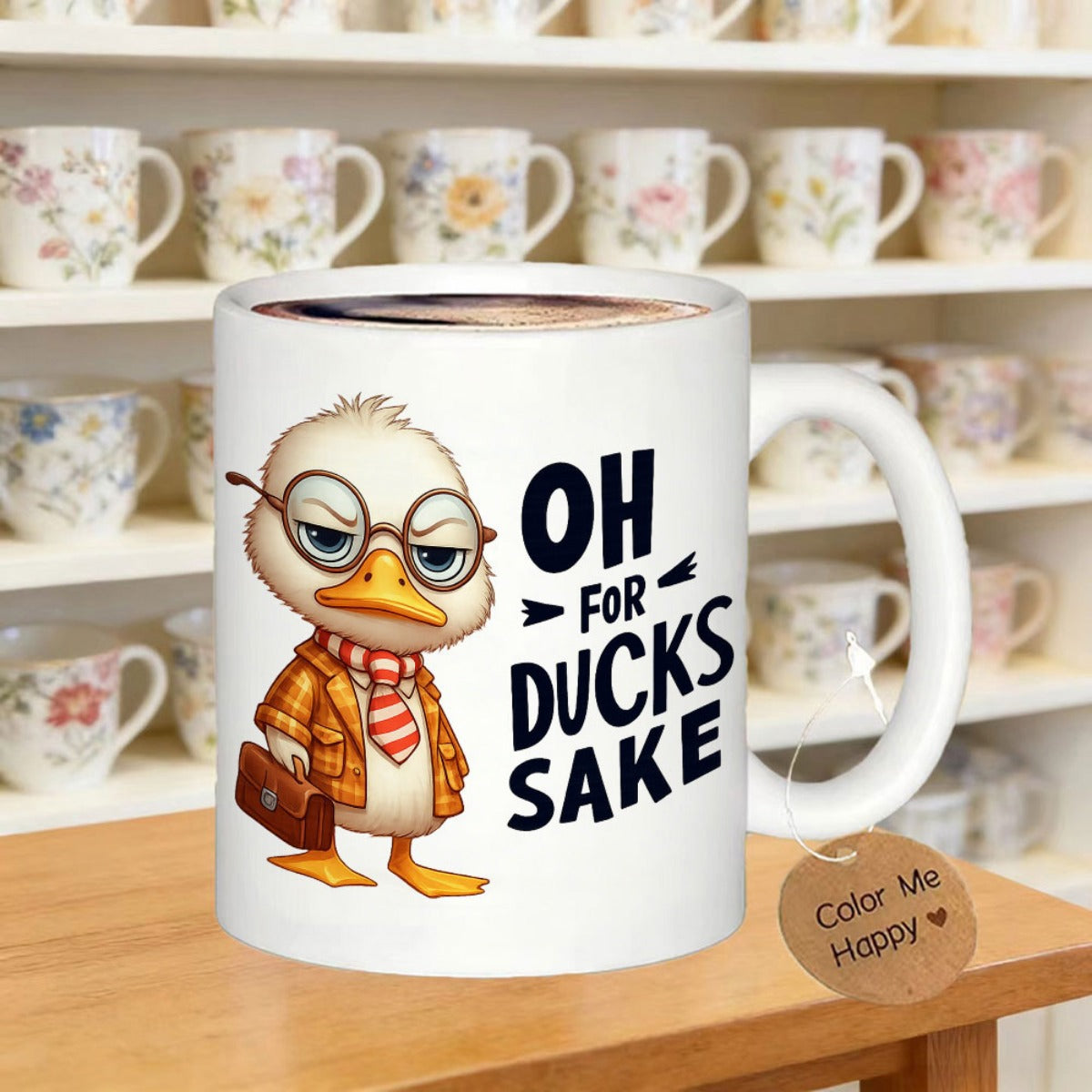 Tailorly White Ceramic 11 oz Mug - Oh For Ducks Sake Annoyed Professional Bird Wearing Glasses With Striped Tie And Small Briefcase Duck