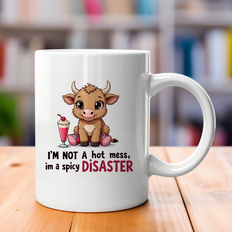 Tailorly White Ceramic 11 oz Mug - Im Not A Hot Mess Im A Spicy Disaster Adorable Small Highland Cow Sitting Beside A Sweet Milkshake Cow