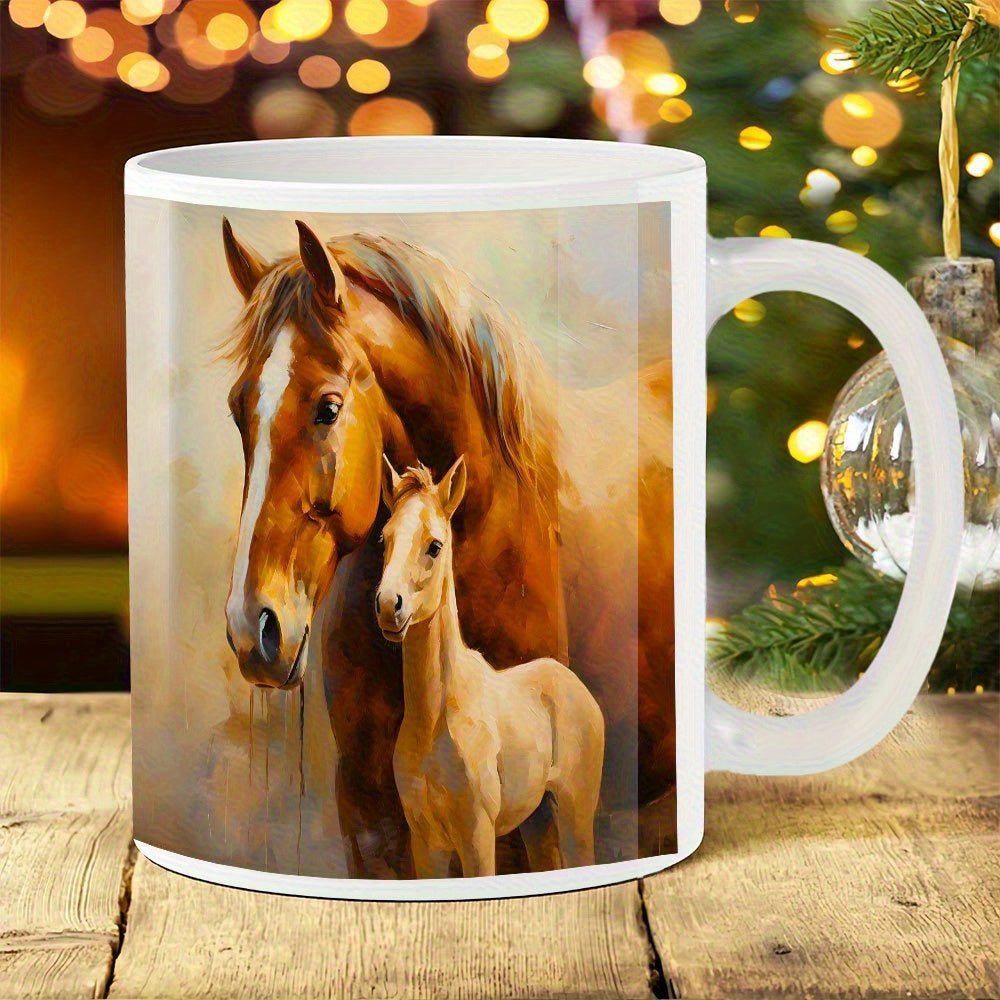 Tailorly White Ceramic 11 oz Mug - Artistic Golden Brown Mare And Gentle Foal Standing Amidst Soft Hues Horse
