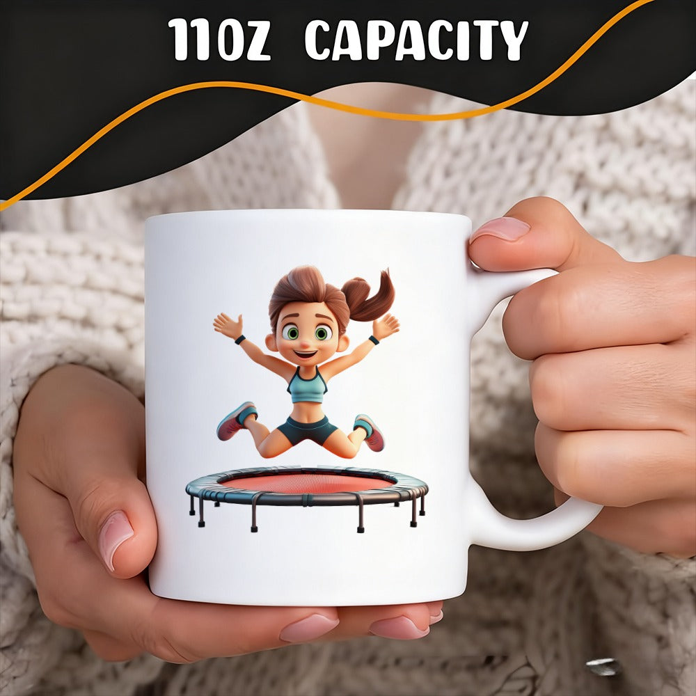Tailorly White Ceramic 11 oz Mug - 11OZ Capacity Joyful Young Person Jumping High Above A Small Round Exercise Trampoline Girl