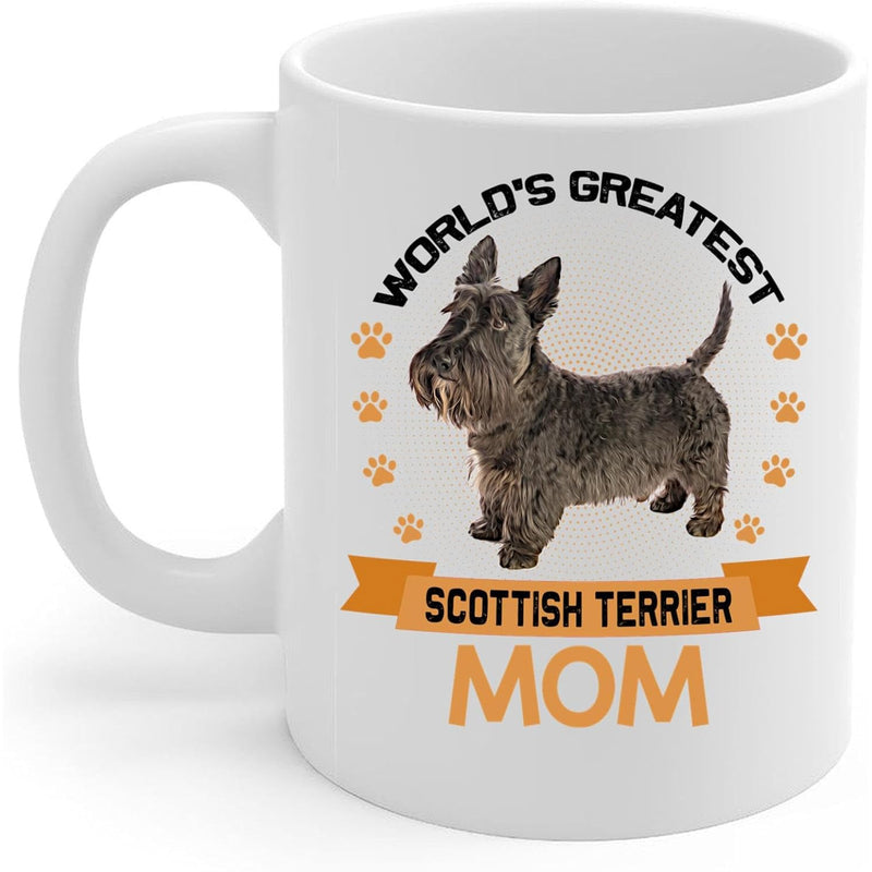 Tailorly White Ceramic 11 oz Mug - Worlds Greatest Scottish Terrier Mom Adorable Furry Black Dog Standing Amidst Golden Paw Prints And Ribbon Scottish Terrier