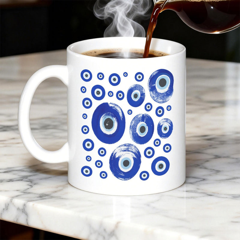 Tailorly White Ceramic 11 oz Mug - Protective Ancient Talisman Featuring Vibrant Blue Hand Painted Concentric Evil Eye