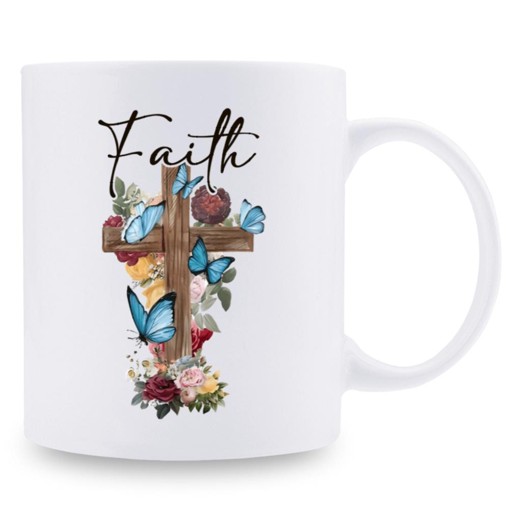 Tailorly White Ceramic 11 oz Mug - Faith Wooden Texture Decorated With Blooming Flowers And Vibrant Blue Butterflies Cross