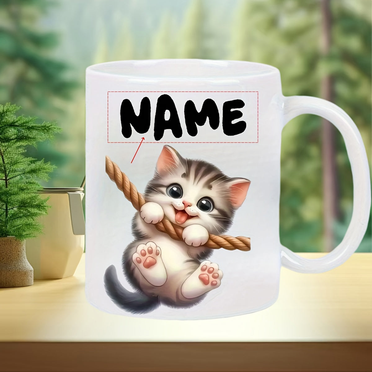 Tailorly White Ceramic 11 oz Mug - Name Adorable Playful Tabby Cat Clinging To A Textured Braided Thick Rope Kitten