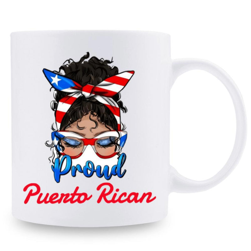 Tailorly White Ceramic 11 oz Mug - Proud Puerto Rican Artistic Messy Bun With Patriotic Flag Bandana And Stylish Sunglasses Woman