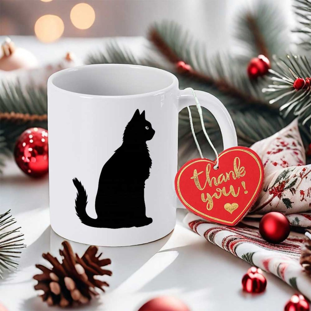 Tailorly White Ceramic 11 oz Mug - Thank You Elegant Black Silhouette Sitting Quietly Within A Festive Holiday Morning Setting Cat