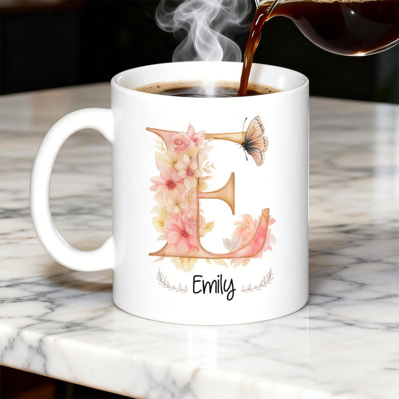 Tailorly White Ceramic 11 oz Mug - Emily Floral Letter E Adorned With Gentle Pink Flowers And Small Butterfly Letter