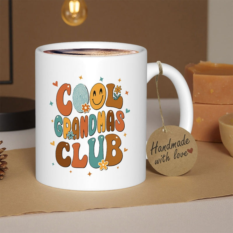 Tailorly White Ceramic 11 oz Mug - Cool Grandmas Club Retro Groovy Style Lettering With Small Flowers And Yellow Smiley Heart Club