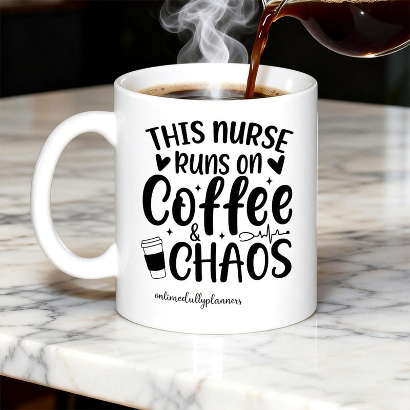 Tailorly White Ceramic 11 oz Mug - This Nurse Runs On Coffee Chaos Minimalist White Ceramic Cup Featuring Rising Steam From Hot Poured Coffee Mug