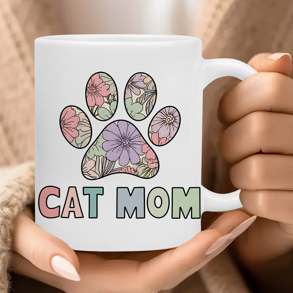 Tailorly White Ceramic 11 oz Mug - Cat Mom Floral Garden Pattern Filling A Decorative Animal Footprint Paw