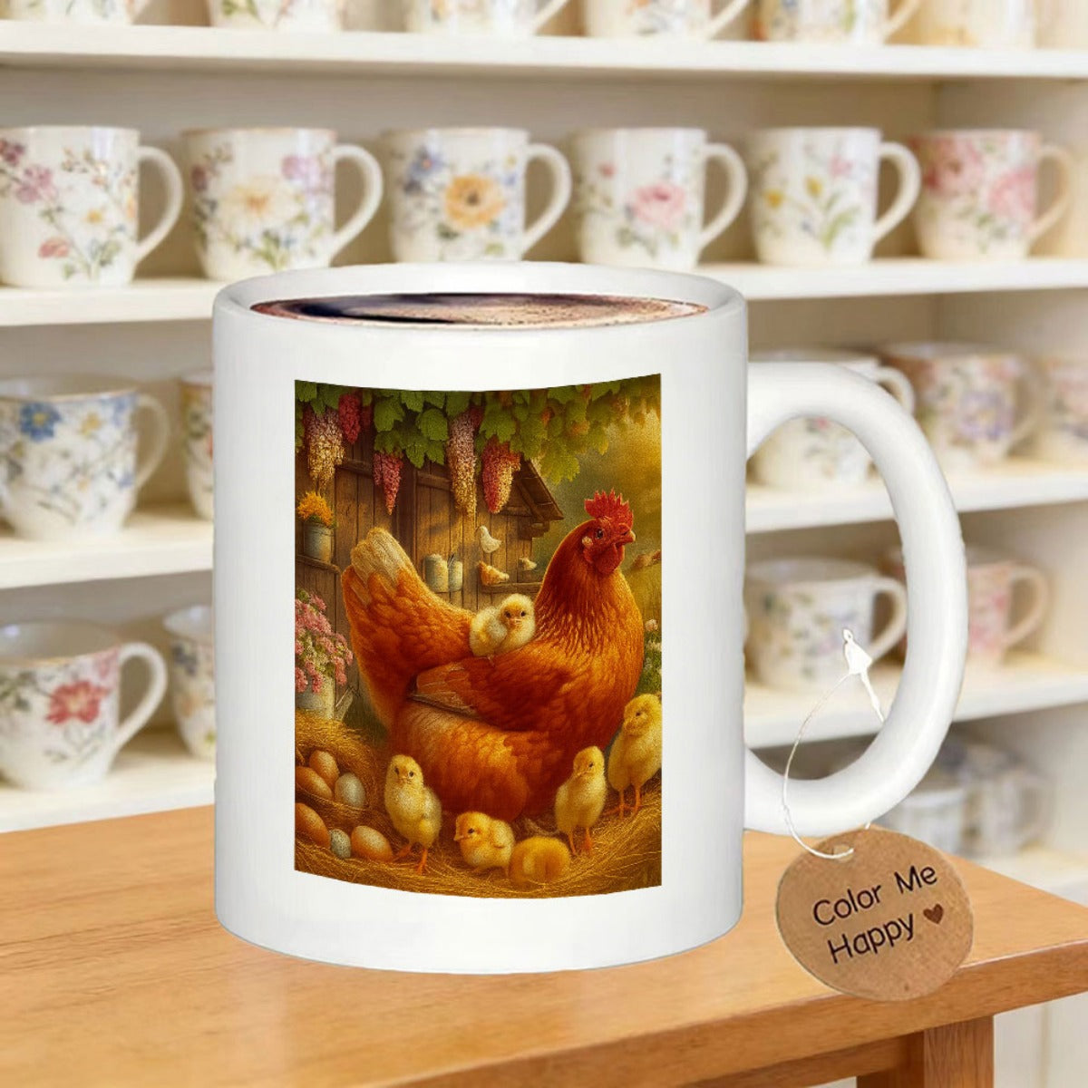 Tailorly White Ceramic 11 oz Mug - Color Me Happy Country Barn Setting With Protective Mother Hen And Chicks Hen
