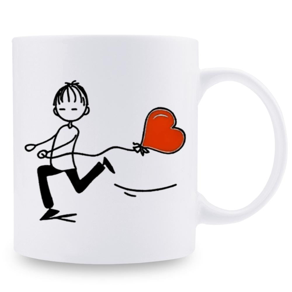 Tailorly White Ceramic 11 oz Mug - Simple Black Line Art Illustrating A Young Running Boy With Heart Balloon Boy