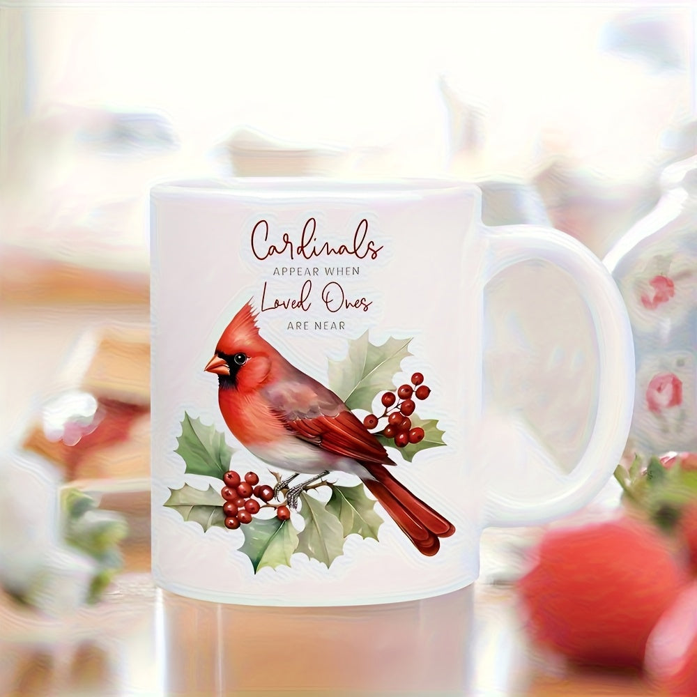 Tailorly White Ceramic 11 oz Mug - Cardinals Appear When Loved Ones Are Near Vivid Red Bird Perched On Green Holly Branch With Ripe Berries Cardinal