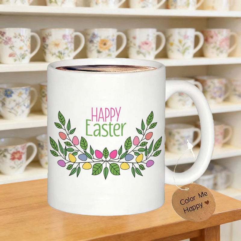Tailorly White Ceramic 11 oz Mug - Happy Easter Vibrant Colorful Eggs Among Lush Green Leafy Branches Forming Seasonal Wreath