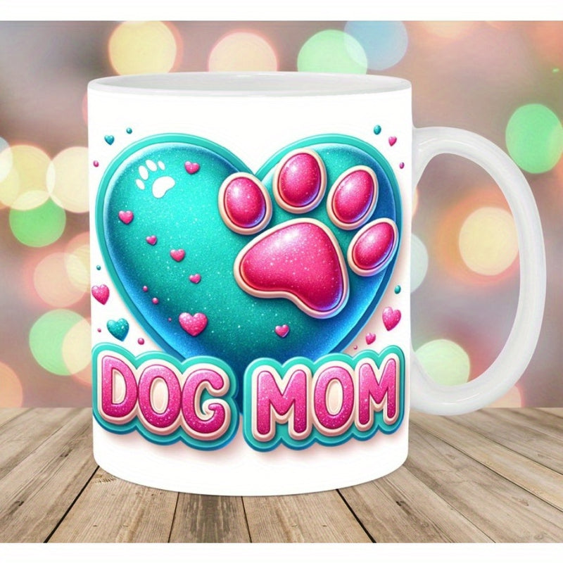 Tailorly White Ceramic 11 oz Mug - Dog Mom Vibrant Teal Pattern Featuring Pink Paw Prints Among Floating Tiny Hearts Heart