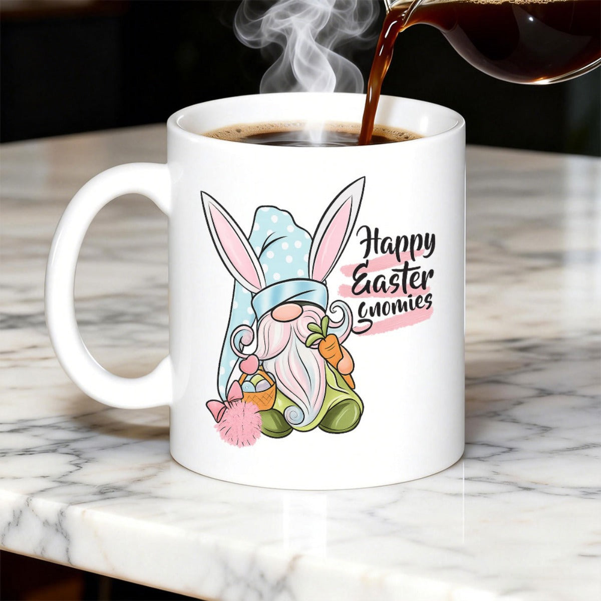 Tailorly White Ceramic 11 oz Mug - Happy Easter Gnomes Charming Easter Gnome Wearing Polka Dot Hat And Bunny Ears Holding Carrot Gnome