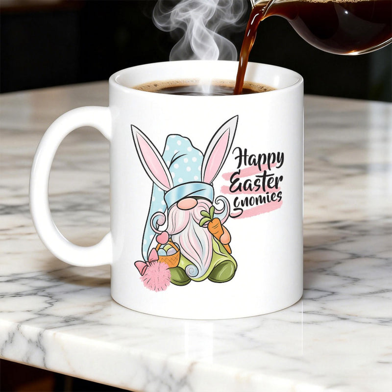 Tailorly White Ceramic 11 oz Mug - Happy Easter Gnomes Charming Easter Gnome Wearing Polka Dot Hat And Bunny Ears Holding Carrot Gnome