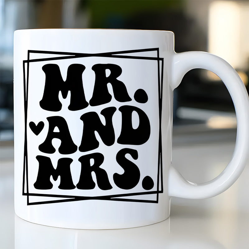 Tailorly White Ceramic 11 oz Mug - Mr And Mrs Retro Groovy Bold Text Within Overlapping Square Geometric Frame