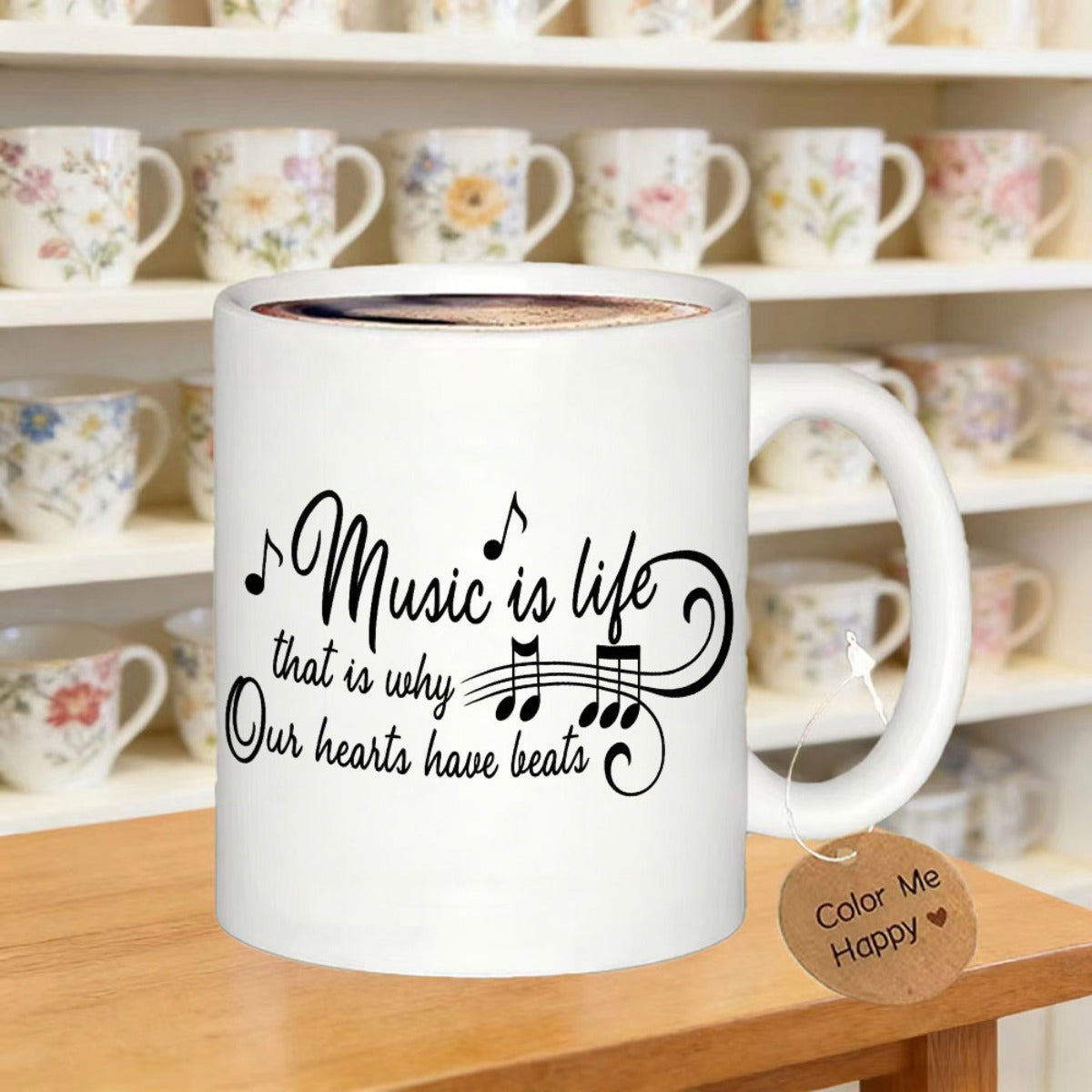 Tailorly White Ceramic 11 oz Mug - Music Is Life That Is Why Our Hearts Have Beats Artistic Script Lettering With Elegant Musical Notes And Staff Line Mug