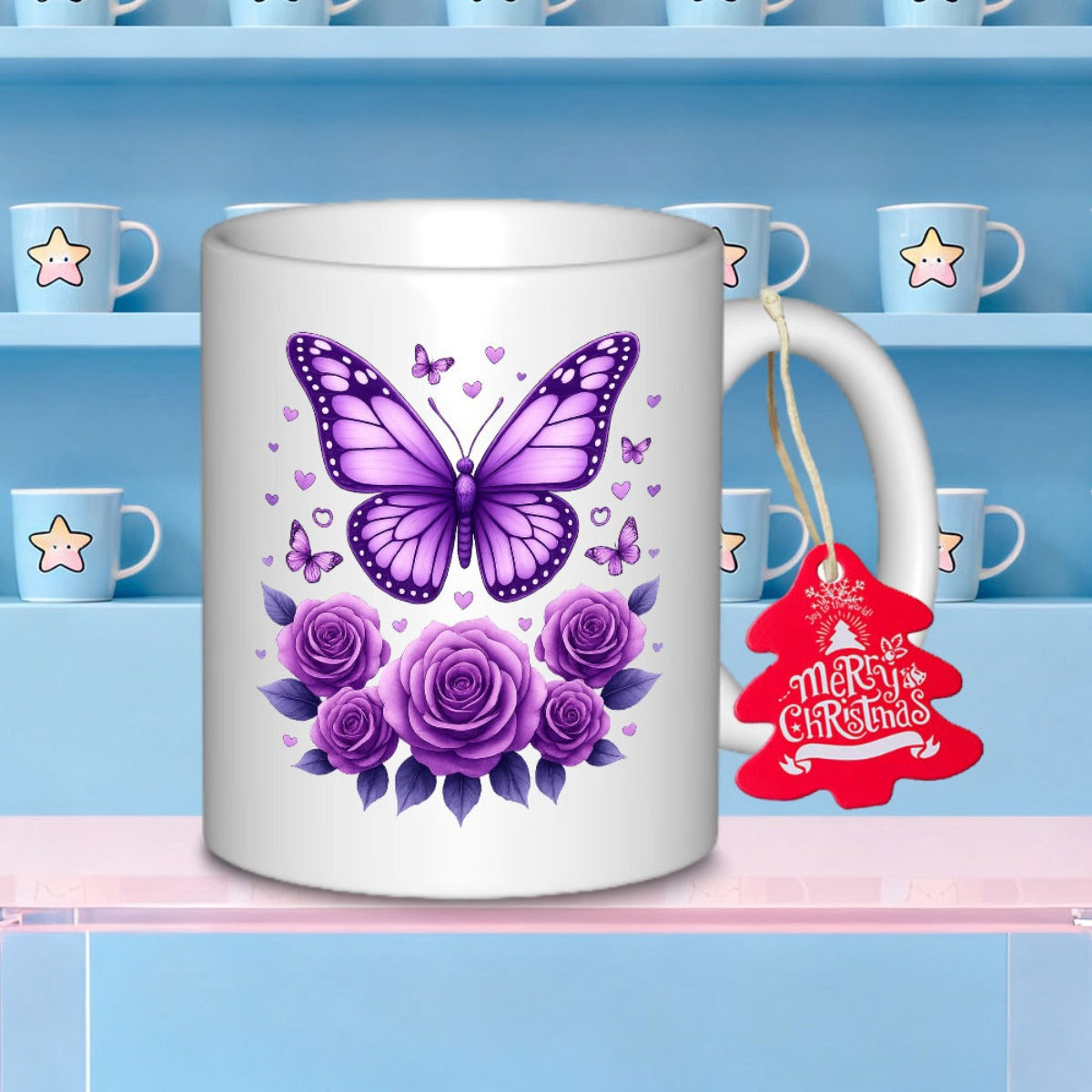 Tailorly White Ceramic 11 oz Mug - Merry Christmas Elegant Purple Wings Hovering Above Blooming Summer Rose Garden Butterfly