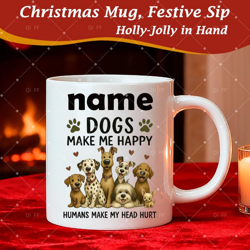 Tailorly White Ceramic 11 oz Mug - Dogs Make Me Happy Humans Make My Head Hurt Diverse Cartoon Breeds Featuring Paw Prints And Tiny Hearts Dogs