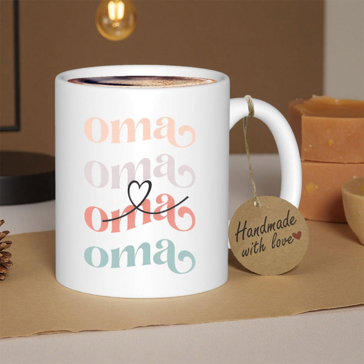 Tailorly White Ceramic 11 oz Mug - Oma Colorful Retro Script With Minimalist Heart Outline Detail Mug
