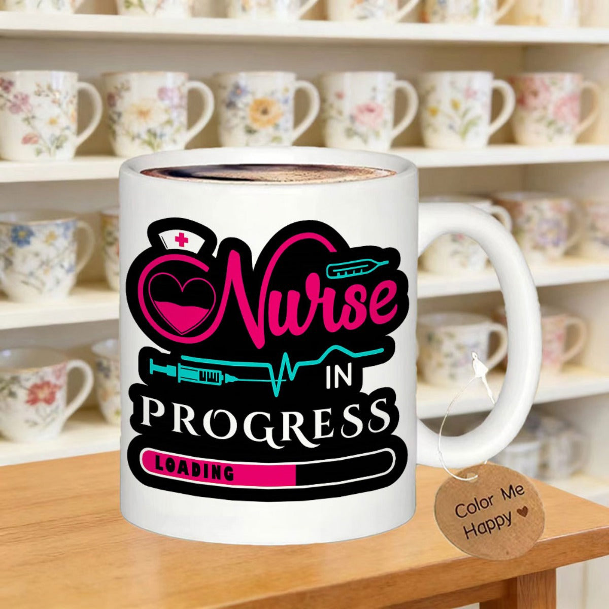 Tailorly White Ceramic 11 oz Mug - Nurse In Progress Loading Medical Symbols Featuring Heartbeat Line Syringe And Pink Nurse Hat Graphic