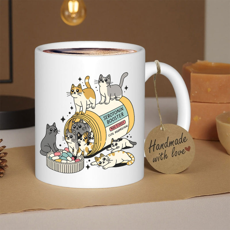 Tailorly White Ceramic 11 oz Mug - Serotonin Booster Catamin Cute Cartoon Kittens Climbing Over A Large Yellow Medicine Bottle Cat