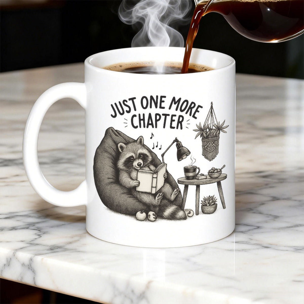 Tailorly White Ceramic 11 oz Mug - Just One More Chapter Cozy Hand Drawn Sketch Of A Relaxed Reading Animal On Beanbag Raccoon