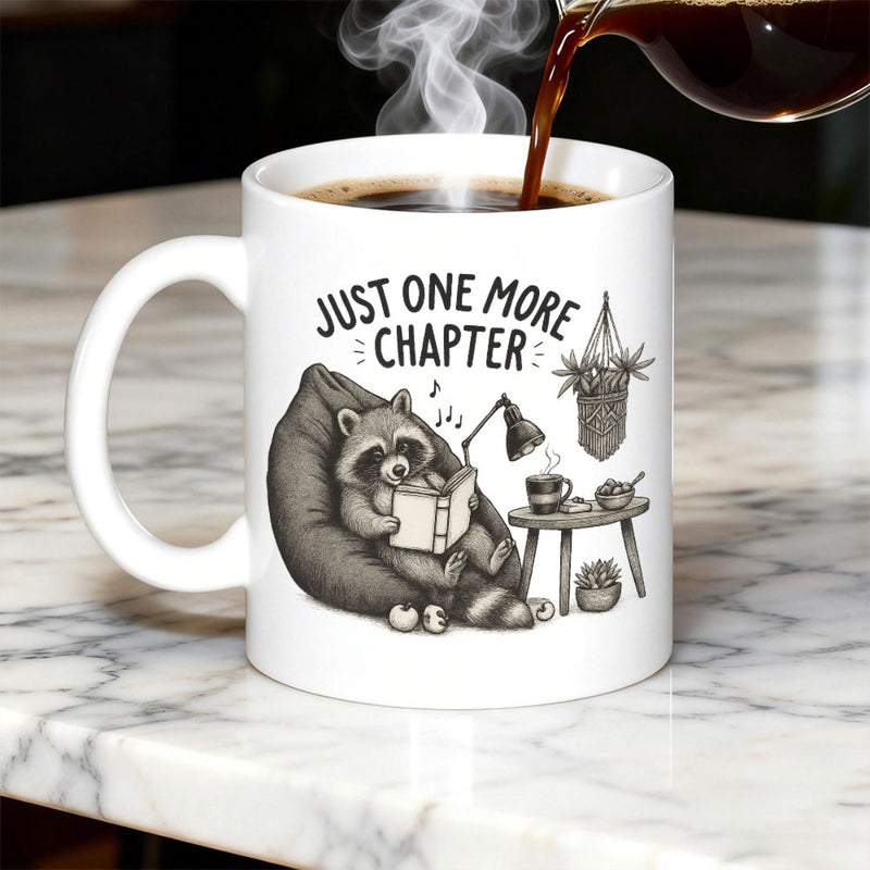 Tailorly White Ceramic 11 oz Mug - Just One More Chapter Cozy Hand Drawn Sketch Of A Relaxed Reading Animal On Beanbag Raccoon