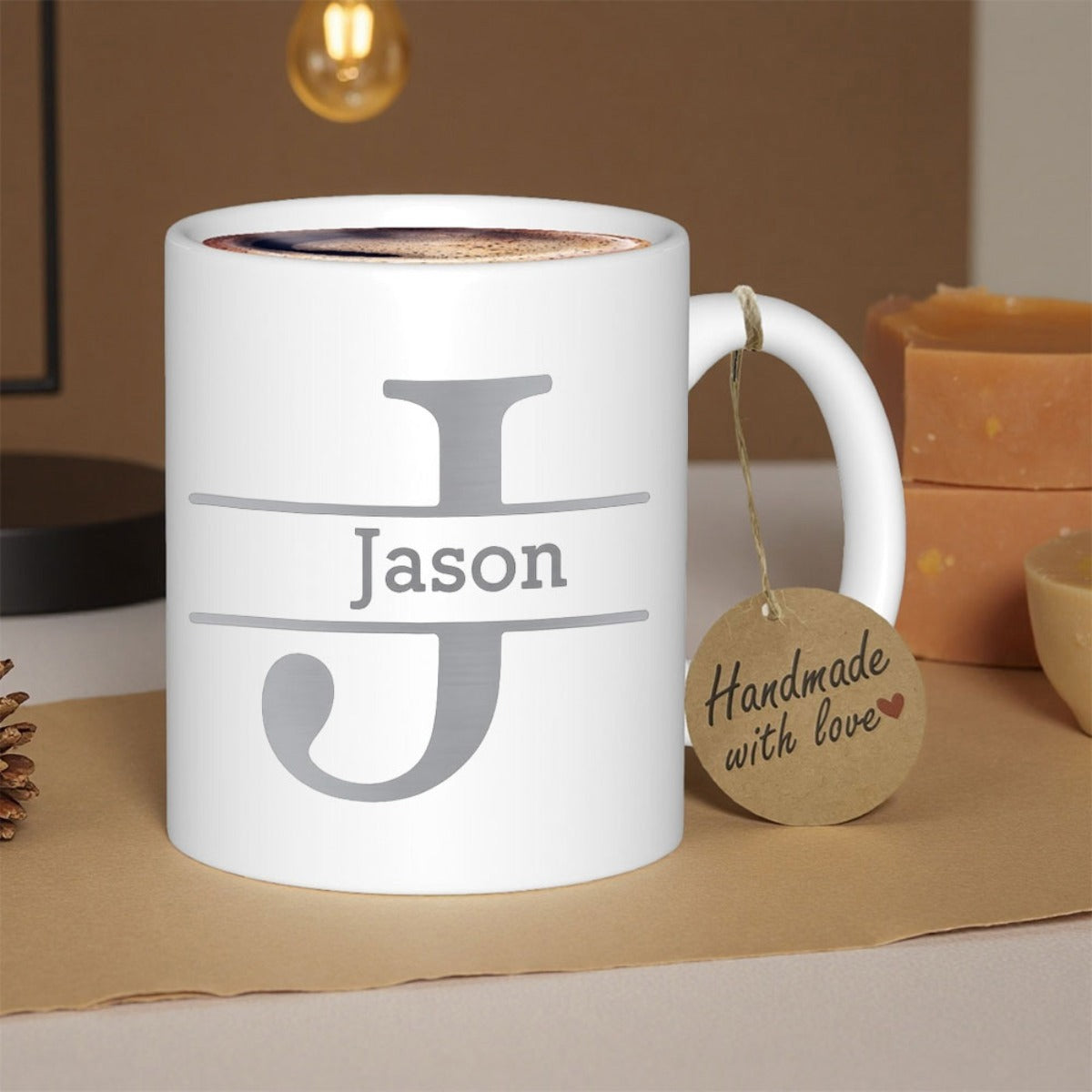 Tailorly White Ceramic 11 oz Mug - Jason Minimalist Grey Split Letter Monogram Design On White Surface Mug