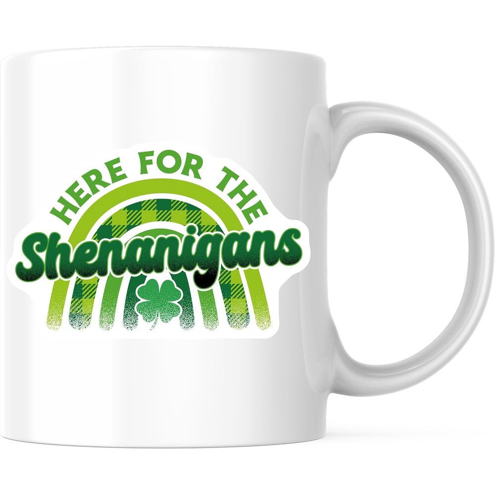 Tailorly White Ceramic 11 oz Mug - Here For The Shenanigans Festive St Patricks Day Plaid Design With Lucky Clover Rainbow