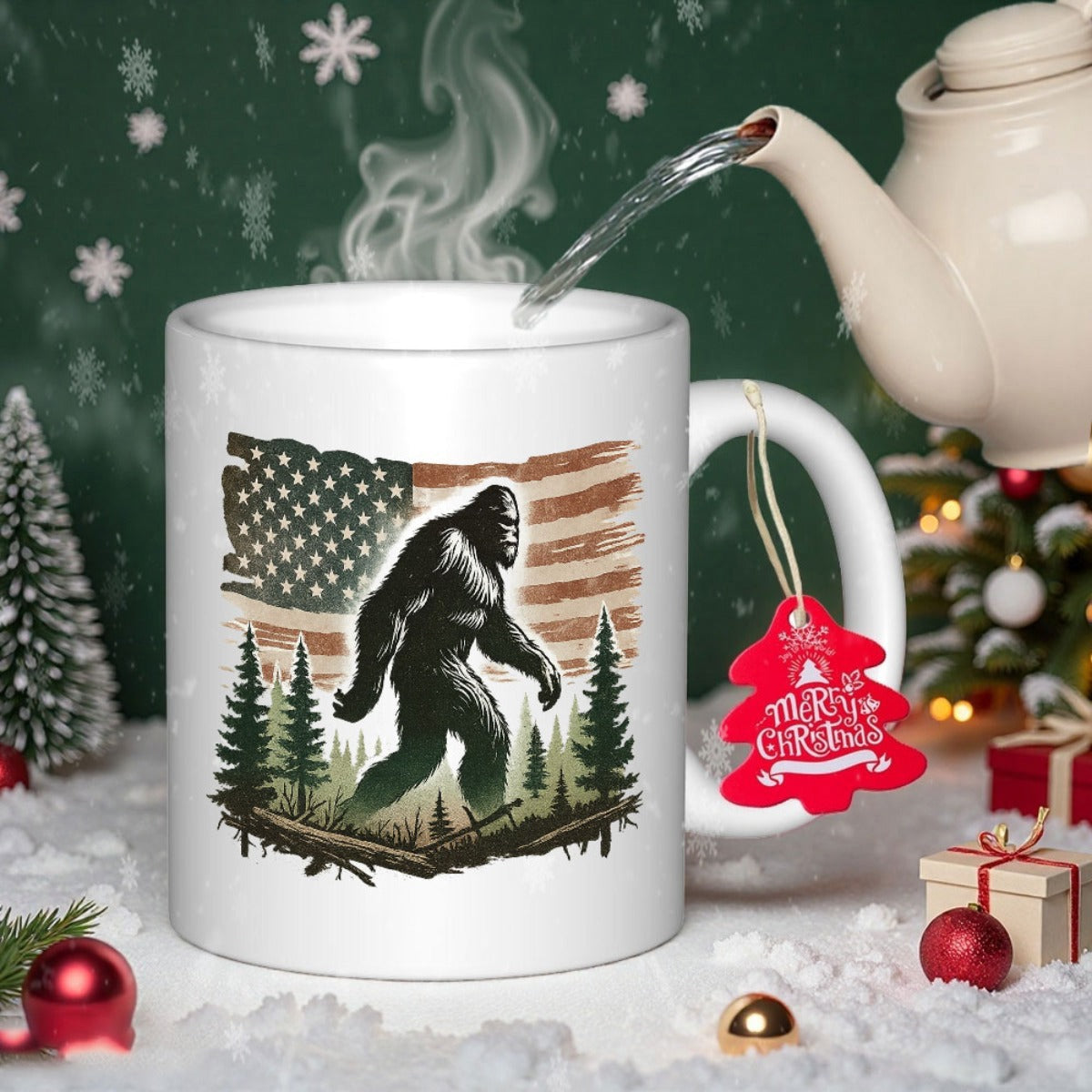 Tailorly White Ceramic 11 oz Mug - Distressed American Flag With Evergreen Trees In Mountain Wilderness Bigfoot