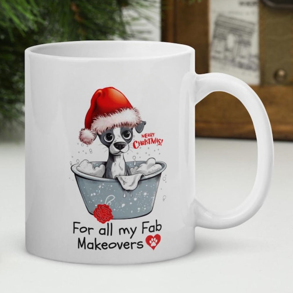 Tailorly White Ceramic 11 oz Mug - Merry Christmas For All My Fab Makeovers Adorable Canine Wearing Red Santa Hat Sitting Inside Festive Silver Wash Tub Puppy