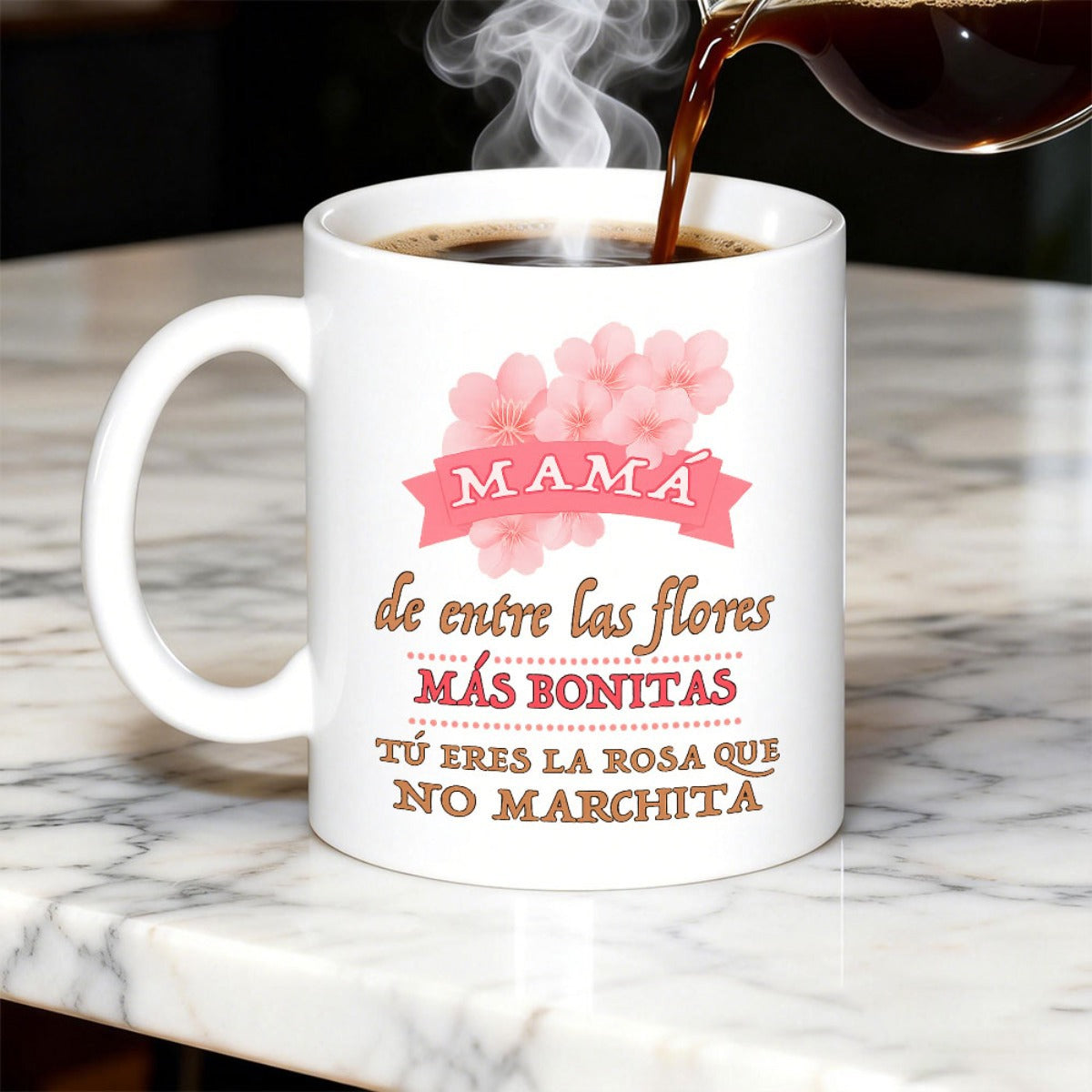 Tailorly White Ceramic 11 oz Mug - Mama Pink Blooming Blossoms Arranged Behind A Soft Elegant Banner Flower